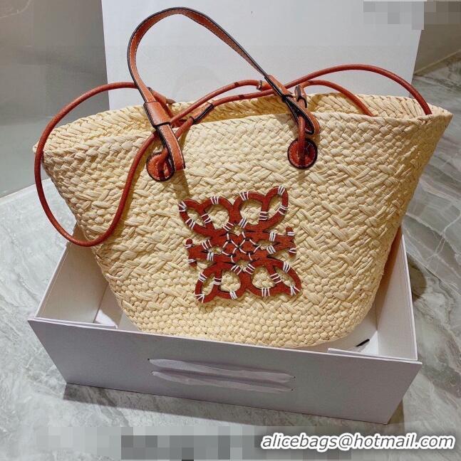 Best Price Loewe Raffia Straw and Leather Small Anagram Basket Bag L5080 Beige/Brown 2024