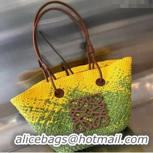 Buy Inexpensive Loewe Raffia Straw and Leather Small Anagram Basket Bag 0305 Green/Yellow 2024