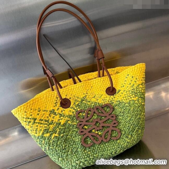 Buy Inexpensive Loewe Raffia Straw and Leather Small Anagram Basket Bag 0305 Green/Yellow 2024