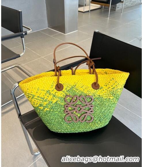 Buy Inexpensive Loewe Raffia Straw and Leather Small Anagram Basket Bag 0305 Green/Yellow 2024