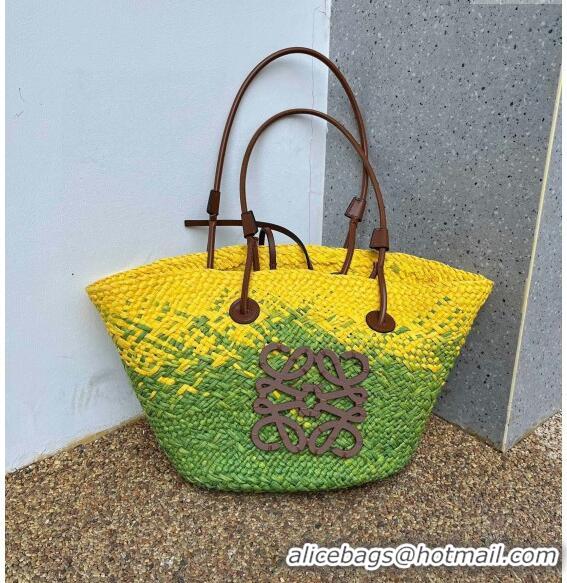 Buy Inexpensive Loewe Raffia Straw and Leather Small Anagram Basket Bag 0305 Green/Yellow 2024