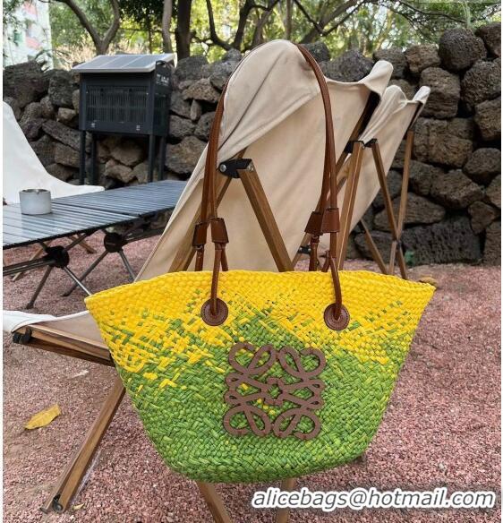 Buy Inexpensive Loewe Raffia Straw and Leather Small Anagram Basket Bag 0305 Green/Yellow 2024