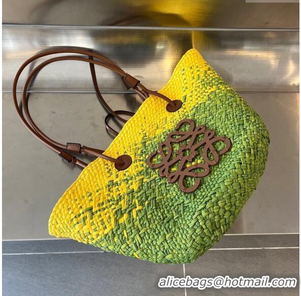 Buy Inexpensive Loewe Raffia Straw and Leather Small Anagram Basket Bag 0305 Green/Yellow 2024