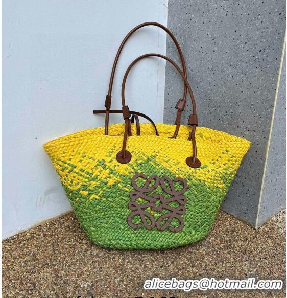 Buy Inexpensive Loewe Raffia Straw and Leather Small Anagram Basket Bag 0305 Green/Yellow 2024