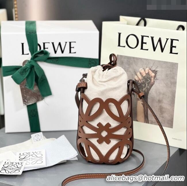 Most Popular Loewe Anagram cut-out pocket Mini Bag in classic Leather and Canvas 0305 Brown 2024