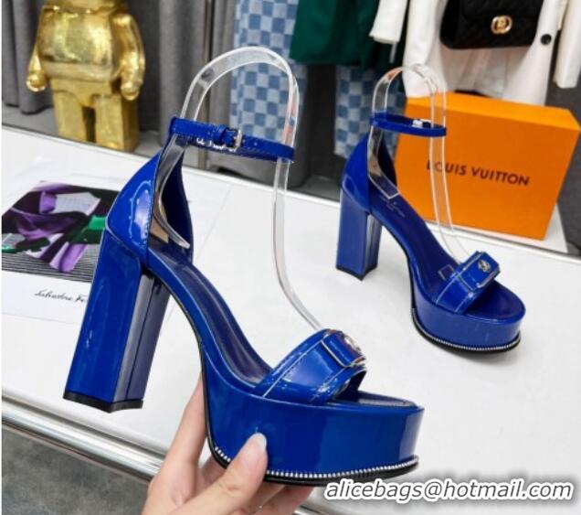 Good Quality Louis Vuitton Patent Leather Platform Sandals 12cm Blue 321019