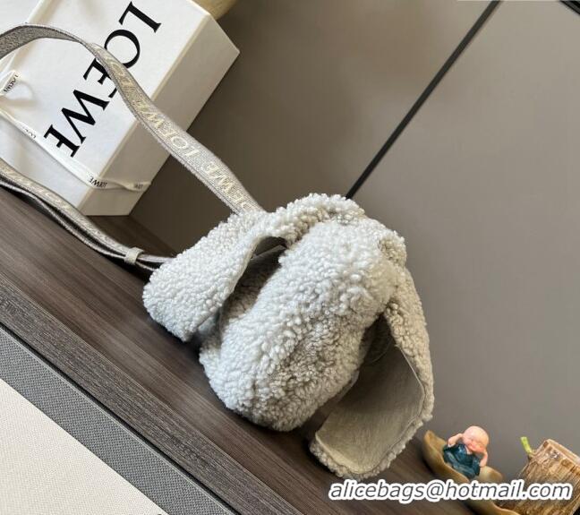 Super Quality Loewe Bunny Mini Bag in Shearling with Jacquard Strap L4015 Light Grey 2024