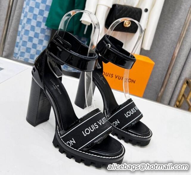 Low Price Louis Vuitton Patent Leather Heel Sandals 9cm with Logo Strap Black 0321024