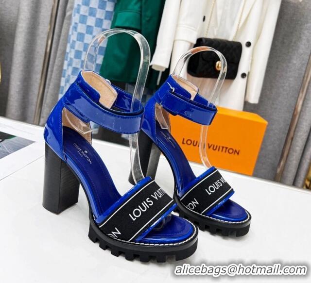 Top Grade Louis Vuitton Patent Leather Heel Sandals 9cm with Logo Strap Blue 321027