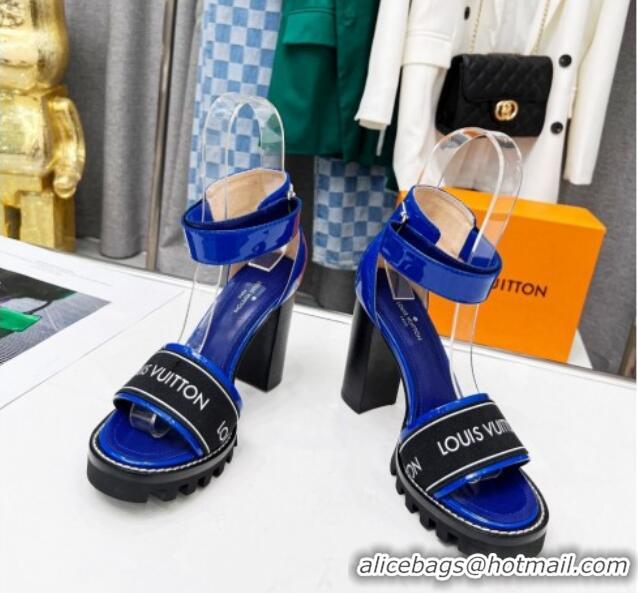 Top Grade Louis Vuitton Patent Leather Heel Sandals 9cm with Logo Strap Blue 321027