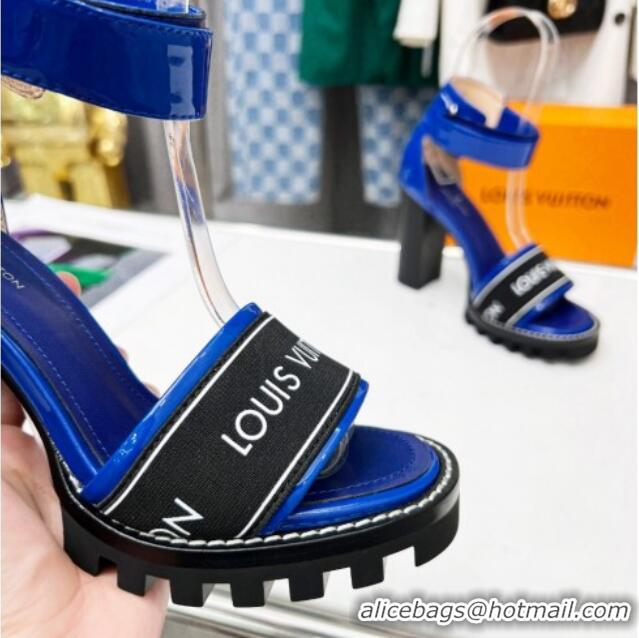 Top Grade Louis Vuitton Patent Leather Heel Sandals 9cm with Logo Strap Blue 321027