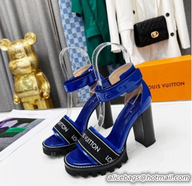 Top Grade Louis Vuitton Patent Leather Heel Sandals 9cm with Logo Strap Blue 321027