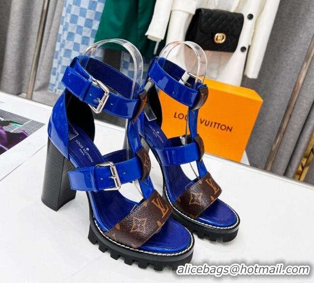 Pretty Style Louis Vuitton Patent Leather and Canvas Heel Sandals 9cm with Buckle Strap Blue 321030