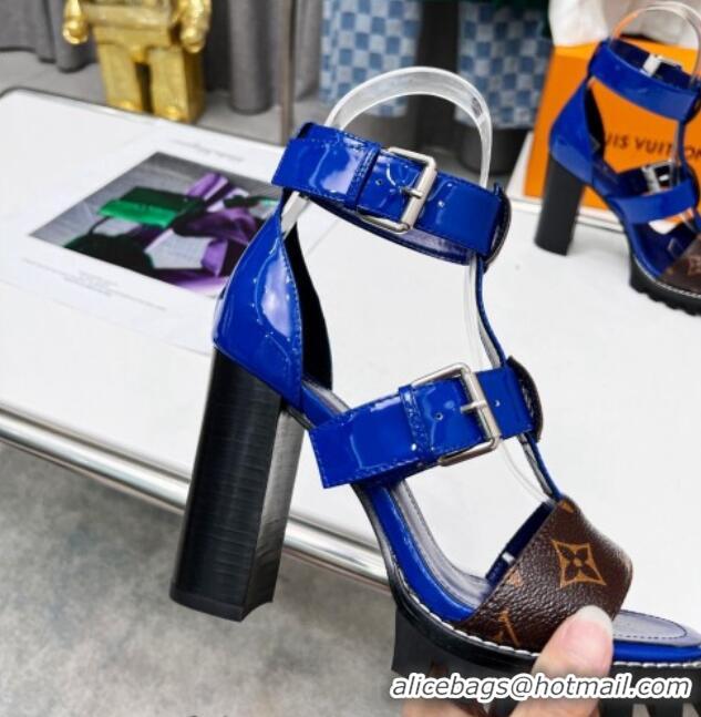 Pretty Style Louis Vuitton Patent Leather and Canvas Heel Sandals 9cm with Buckle Strap Blue 321030