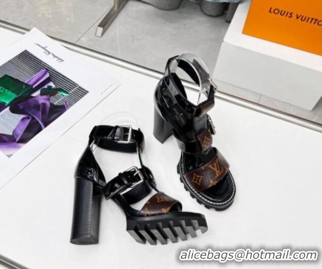 Unique Style Louis Vuitton Patent Leather and Canvas Heel Sandals 9cm with Buckle Strap Black 321031