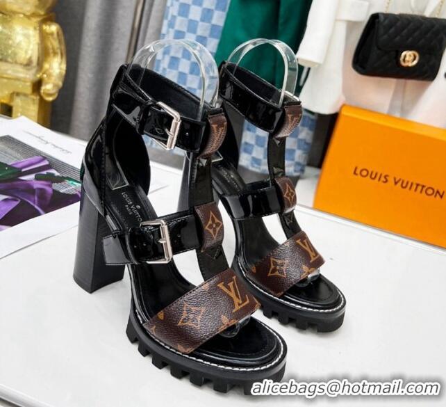 Unique Style Louis Vuitton Patent Leather and Canvas Heel Sandals 9cm with Buckle Strap Black 321031