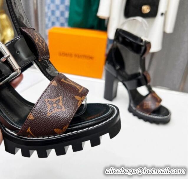 Unique Style Louis Vuitton Patent Leather and Canvas Heel Sandals 9cm with Buckle Strap Black 321031