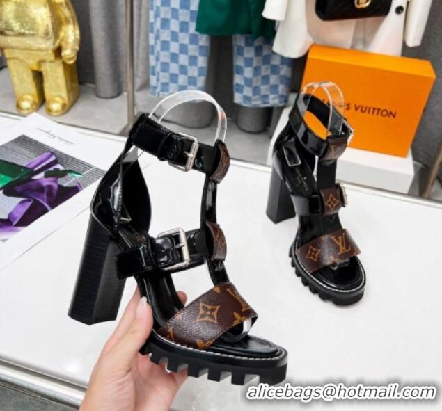 Unique Style Louis Vuitton Patent Leather and Canvas Heel Sandals 9cm with Buckle Strap Black 321031