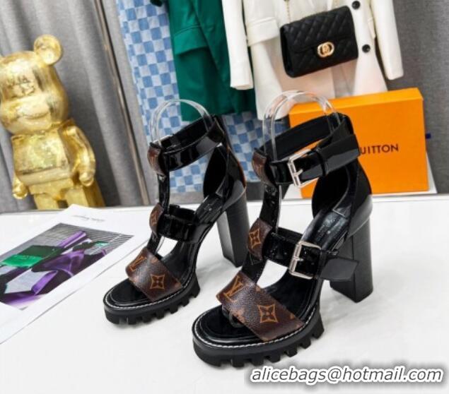 Unique Style Louis Vuitton Patent Leather and Canvas Heel Sandals 9cm with Buckle Strap Black 321031