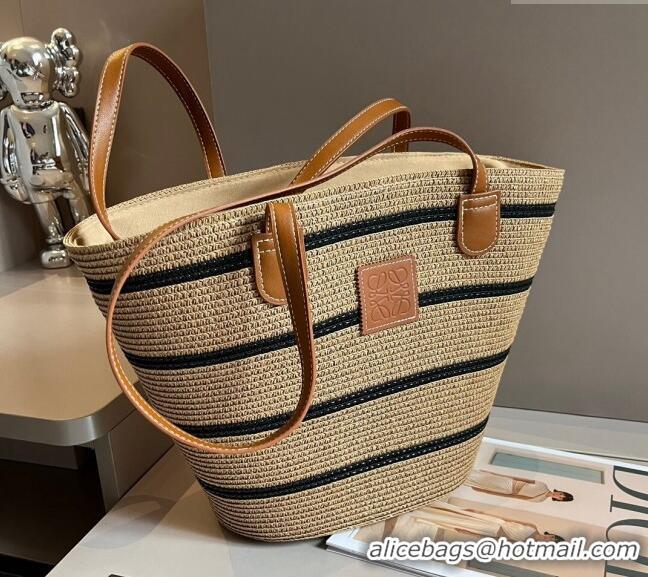 Top Quality Loewe Raffia Straw Anagram Small Basket bag 040204 Khaki/Black 2024