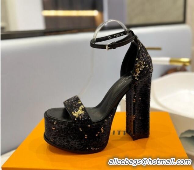 Top Design Louis Vuitton Fame Platform Sandal 14.5cm in Sequins Black/Gold 321034