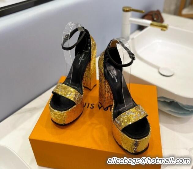 Cheap Price Louis Vuitton Fame Platform Sandal 14.5cm in Sequins Gold-Tone 321035