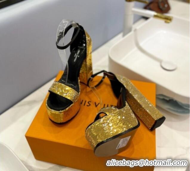 Cheap Price Louis Vuitton Fame Platform Sandal 14.5cm in Sequins Gold-Tone 321035