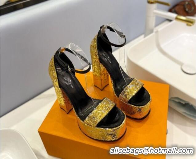 Cheap Price Louis Vuitton Fame Platform Sandal 14.5cm in Sequins Gold-Tone 321035