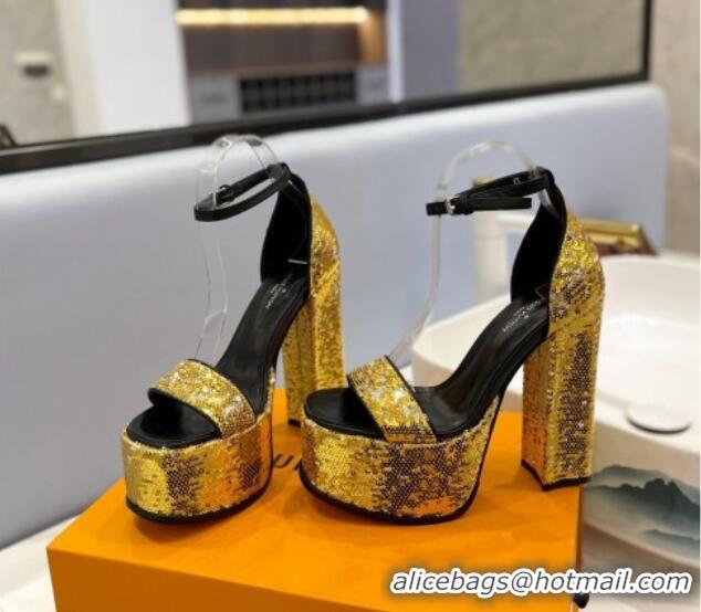 Cheap Price Louis Vuitton Fame Platform Sandal 14.5cm in Sequins Gold-Tone 321035