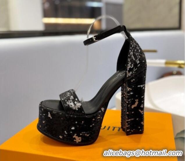 Top Grade Louis Vuitton Fame Platform Sandal 14.5cm in Sequins Black/Silver 321037