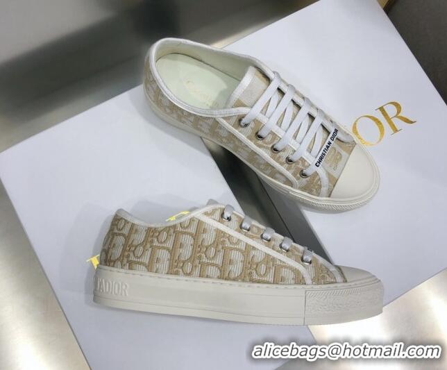 Classic Hot Dior Walk'n'Dior Sneakers in Oblique Embroidered Cotton Beige 226019