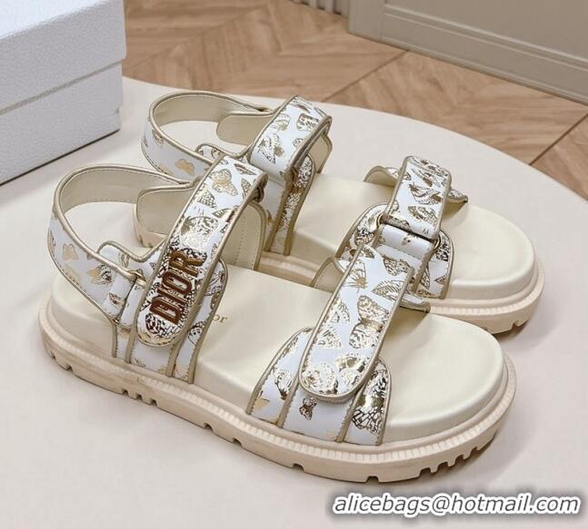 Unique Style Dior Dioract Flat Strap Sandal in Gold-Tone and White Butterfly Zodiac Calfskin 226054