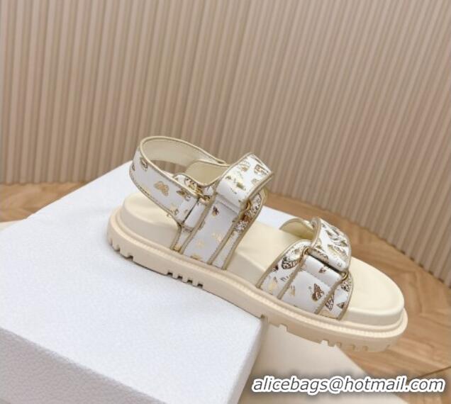 Unique Style Dior Dioract Flat Strap Sandal in Gold-Tone and White Butterfly Zodiac Calfskin 226054