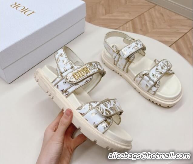 Unique Style Dior Dioract Flat Strap Sandal in Gold-Tone and White Butterfly Zodiac Calfskin 226054