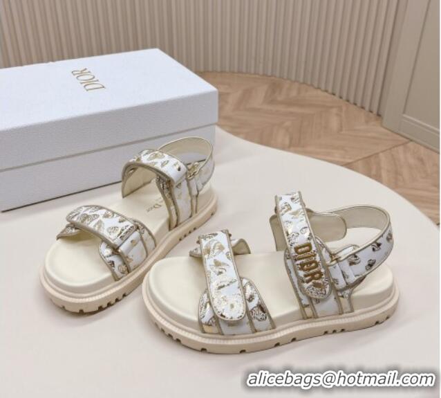 Unique Style Dior Dioract Flat Strap Sandal in Gold-Tone and White Butterfly Zodiac Calfskin 226054