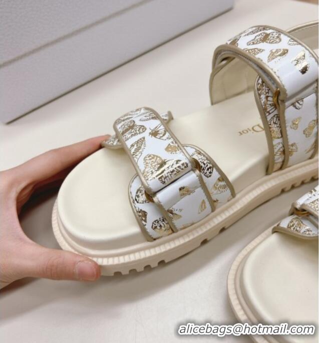 Unique Style Dior Dioract Flat Strap Sandal in Gold-Tone and White Butterfly Zodiac Calfskin 226054