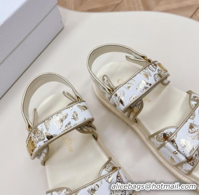 Unique Style Dior Dioract Flat Strap Sandal in Gold-Tone and White Butterfly Zodiac Calfskin 226054