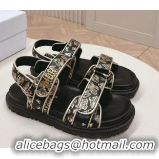 Low Price Dior Dioract Flat Strap Sandal in Gold-Tone and Black Butterfly Zodiac Calfskin 226053