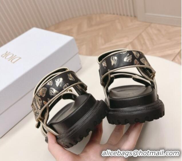 Low Price Dior Dioract Flat Strap Sandal in Gold-Tone and Black Butterfly Zodiac Calfskin 226053