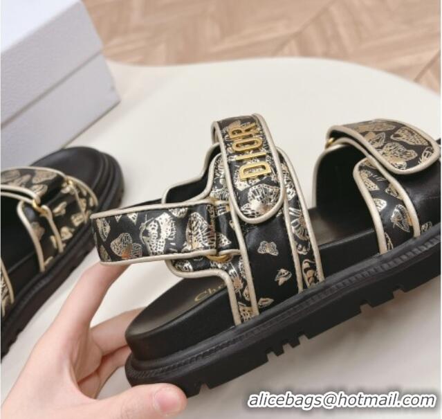 Low Price Dior Dioract Flat Strap Sandal in Gold-Tone and Black Butterfly Zodiac Calfskin 226053