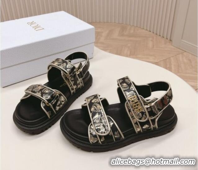 Low Price Dior Dioract Flat Strap Sandal in Gold-Tone and Black Butterfly Zodiac Calfskin 226053