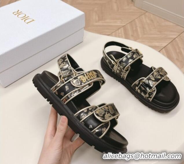 Low Price Dior Dioract Flat Strap Sandal in Gold-Tone and Black Butterfly Zodiac Calfskin 226053