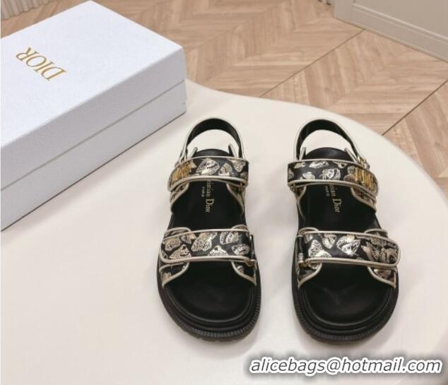 Low Price Dior Dioract Flat Strap Sandal in Gold-Tone and Black Butterfly Zodiac Calfskin 226053