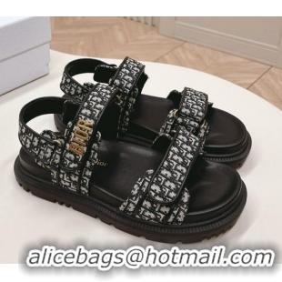 Good Quality Dior Dioract Flat Strap Sandal in Black Oblique Embroidery 226057