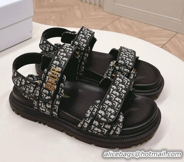 Good Quality Dior Dioract Flat Strap Sandal in Black Oblique Embroidery 226057