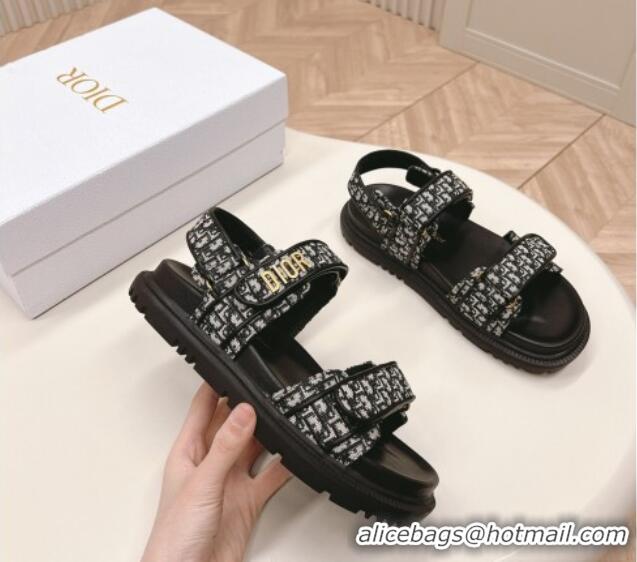 Good Quality Dior Dioract Flat Strap Sandal in Black Oblique Embroidery 226057