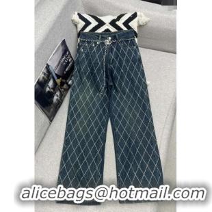 Super Quality Chanel Crystal Denim Jeans with Chain Belt CH040317 Blue 2024