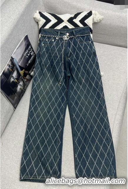 Super Quality Chanel Crystal Denim Jeans with Chain Belt CH040317 Blue 2024