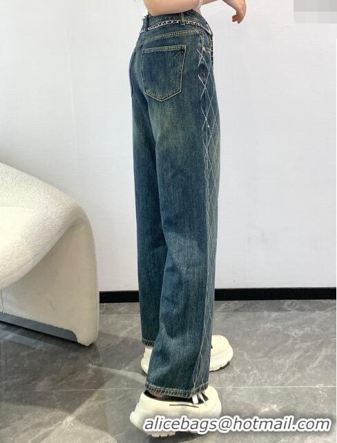 Super Quality Chanel Crystal Denim Jeans with Chain Belt CH040317 Blue 2024