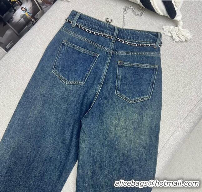 Super Quality Chanel Crystal Denim Jeans with Chain Belt CH040317 Blue 2024